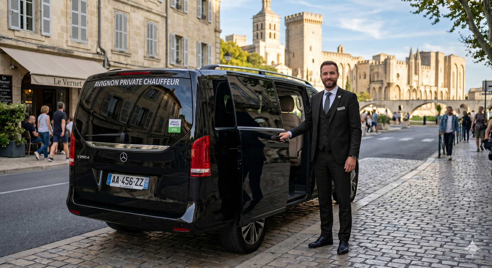Avignon Private Chauffeur devant le Palais des Papes avec la Mercedes V-Class