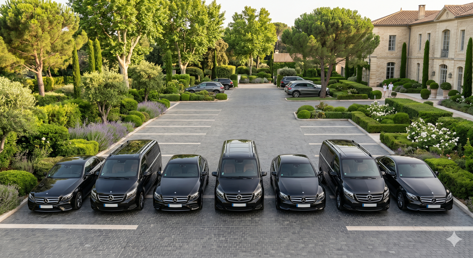 Flotte Avignon Private Chauffeur — sept Mercedes-Benz noires alignées devant un mas provençal